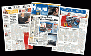 Three major newspapers from Europe reporting on different topics for same day
