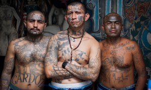 Inmates at the Centro Preventivo y de Cumplimiento de Penas Ciudad Barrios. It is a prison just for members of the MS gang. No guards go into the prison and it is effectivly run and police by the gang itself. El Salvador.